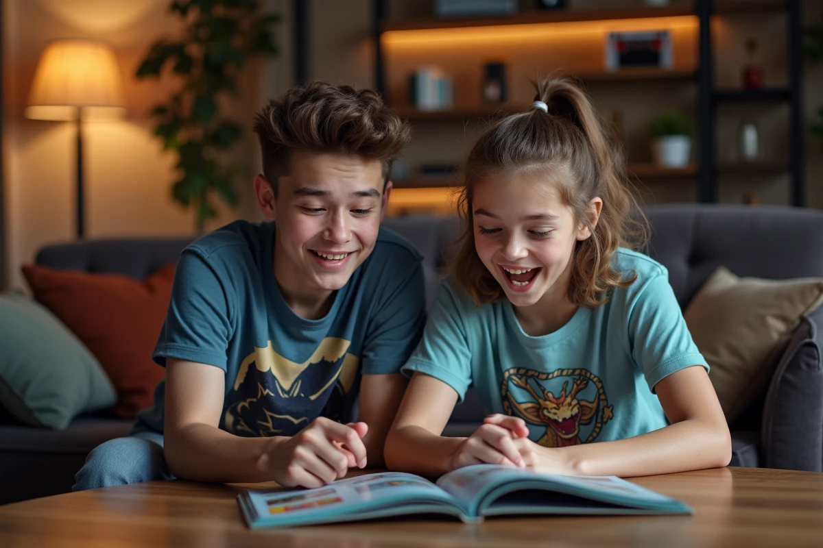 Deux jeunes gamers analysant un guide de jeux vidéo dragon