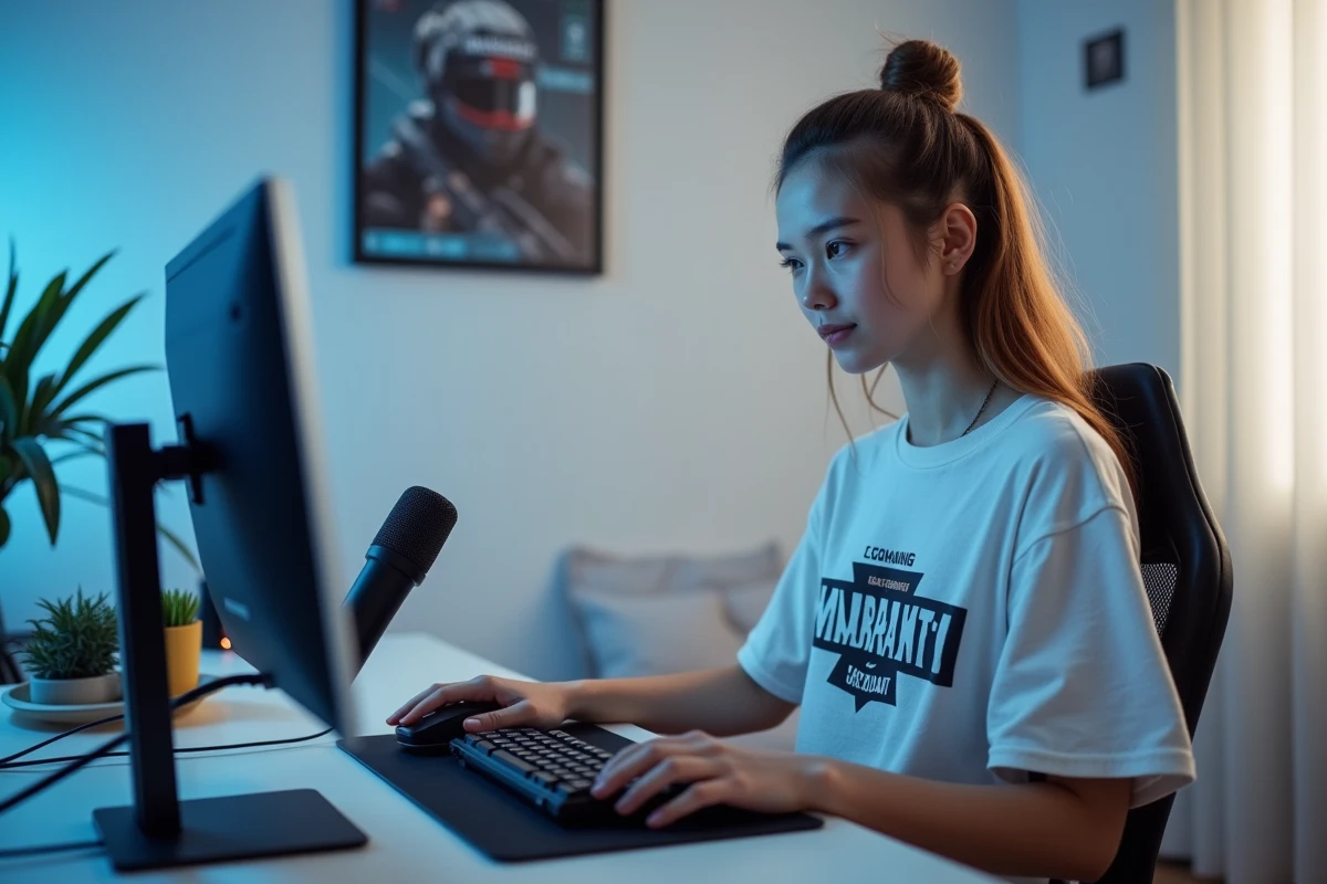 Joueuse devant un setup gaming minimaliste tapant un pseudo tryhard sur Valorant