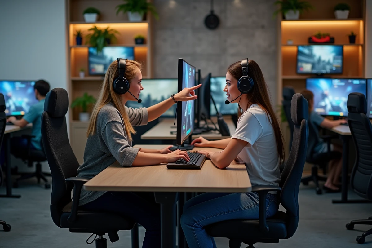 Deux joueuses coordonnant leur stratégie sur un jeu de guerre multijoueur dans un espace gaming collaboratif