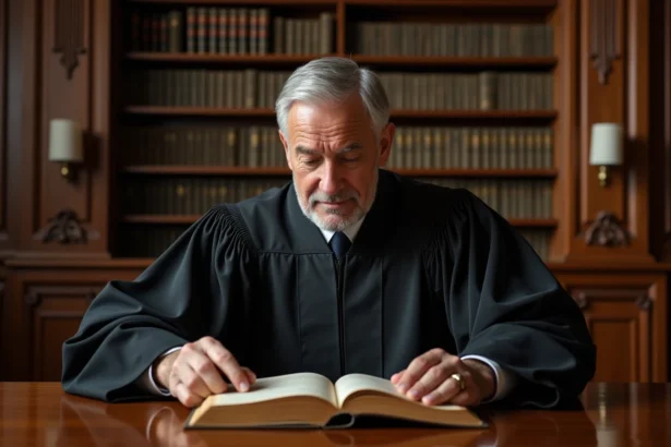 Juge masculin en robe noire dans une salle de justice ancienne