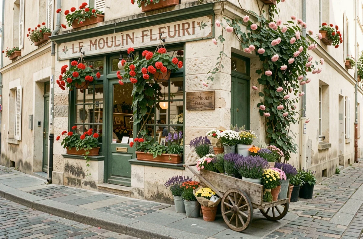 Devanture de fleuriste à l'ancienne avec charrette en bois, bouquets de lavande et géraniums en jardinière, style Le Moulin Fleuri Paris