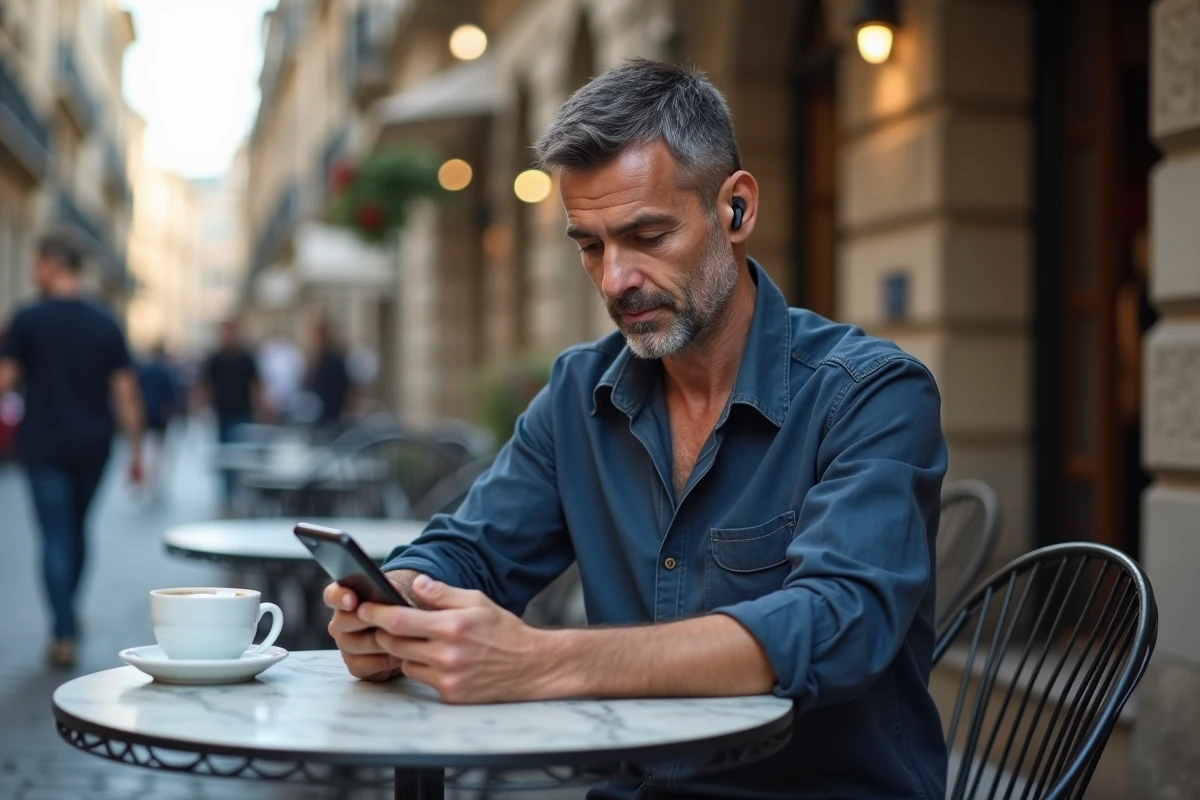 Homme consultant des articles téléchargés hors ligne sur smartphone dans un café en terrasse