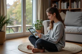 Femme lisant un magazine numérique hors ligne sur une tablette dans un salon scandinave