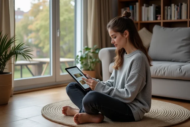 Femme lisant un magazine numérique hors ligne sur une tablette dans un salon scandinave