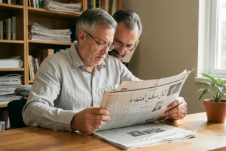 Homme lisant un journal en arabe imprimé, illustrant la consultation d'anciennes éditions du journal Elchorouk en PDF