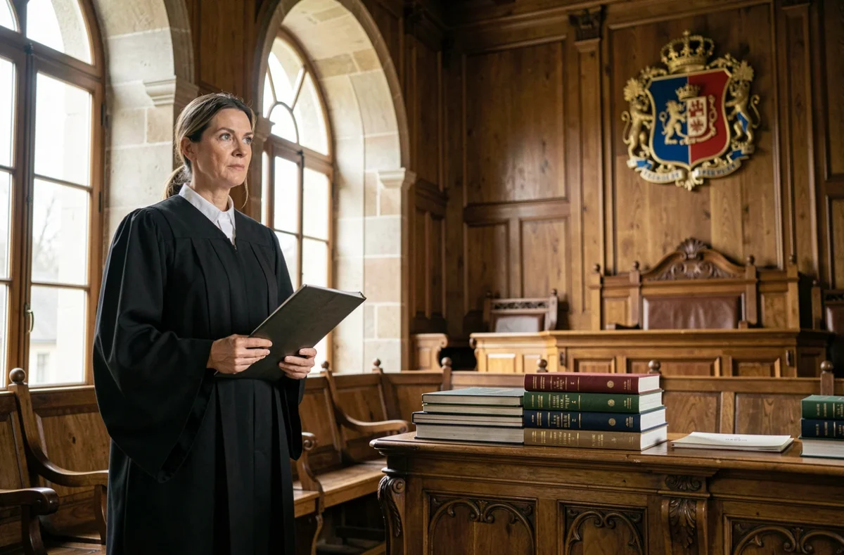 Magistrate française en robe officielle dans une salle d'audience examinant un dossier de contentieux civil 2026
