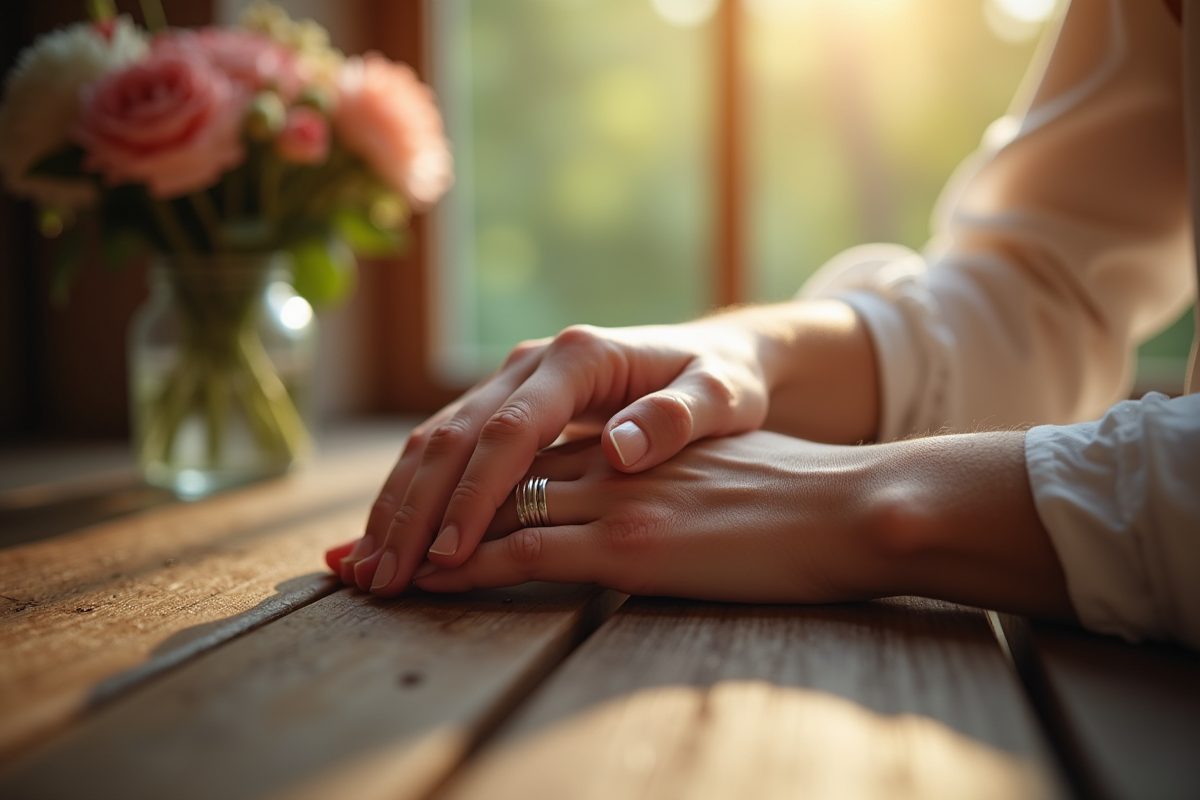 Mains entrelacees avec bagues de mariage sur une table en bois