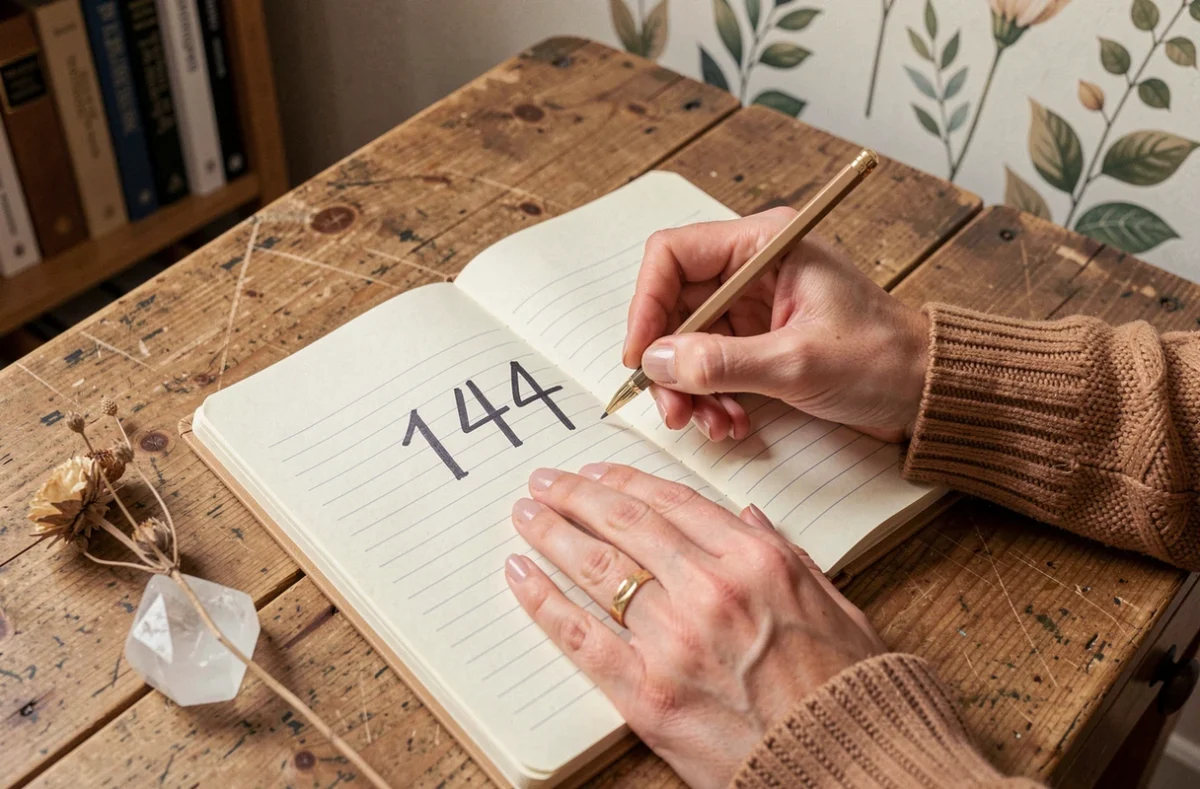Gros plan de mains écrivant le nombre 1441 dans un journal avec un cristal et une fleur séchée, symbole de la numérologie et de la loi de l'attraction