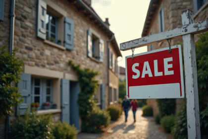 Pancarte a vendre devant une maison charmante à Paris avec couple