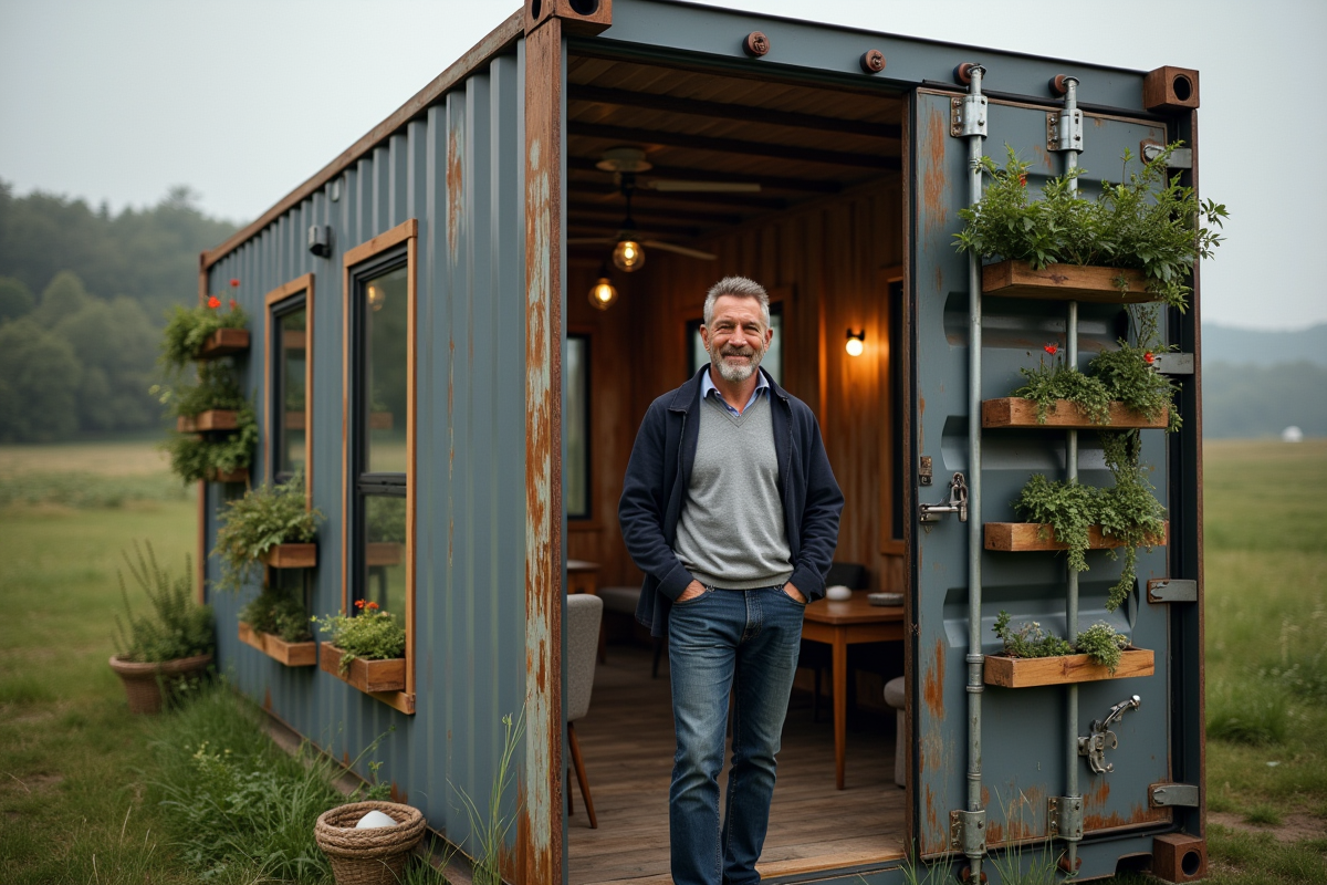 Homme devant une tiny house en container recyclé