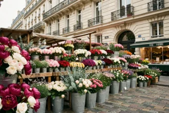 Marché aux fleurs parisien avec des étals colorés de pivoines, roses et eucalyptus sur un trottoir pavé en Île-de-France