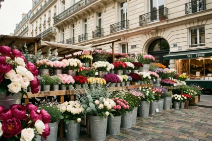 Marché aux fleurs parisien avec des étals colorés de pivoines, roses et eucalyptus sur un trottoir pavé en Île-de-France