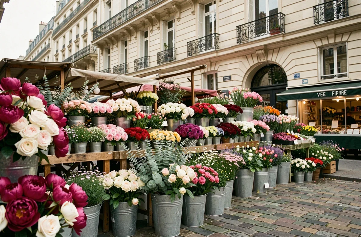 Marché aux fleurs parisien avec des étals colorés de pivoines, roses et eucalyptus sur un trottoir pavé en Île-de-France