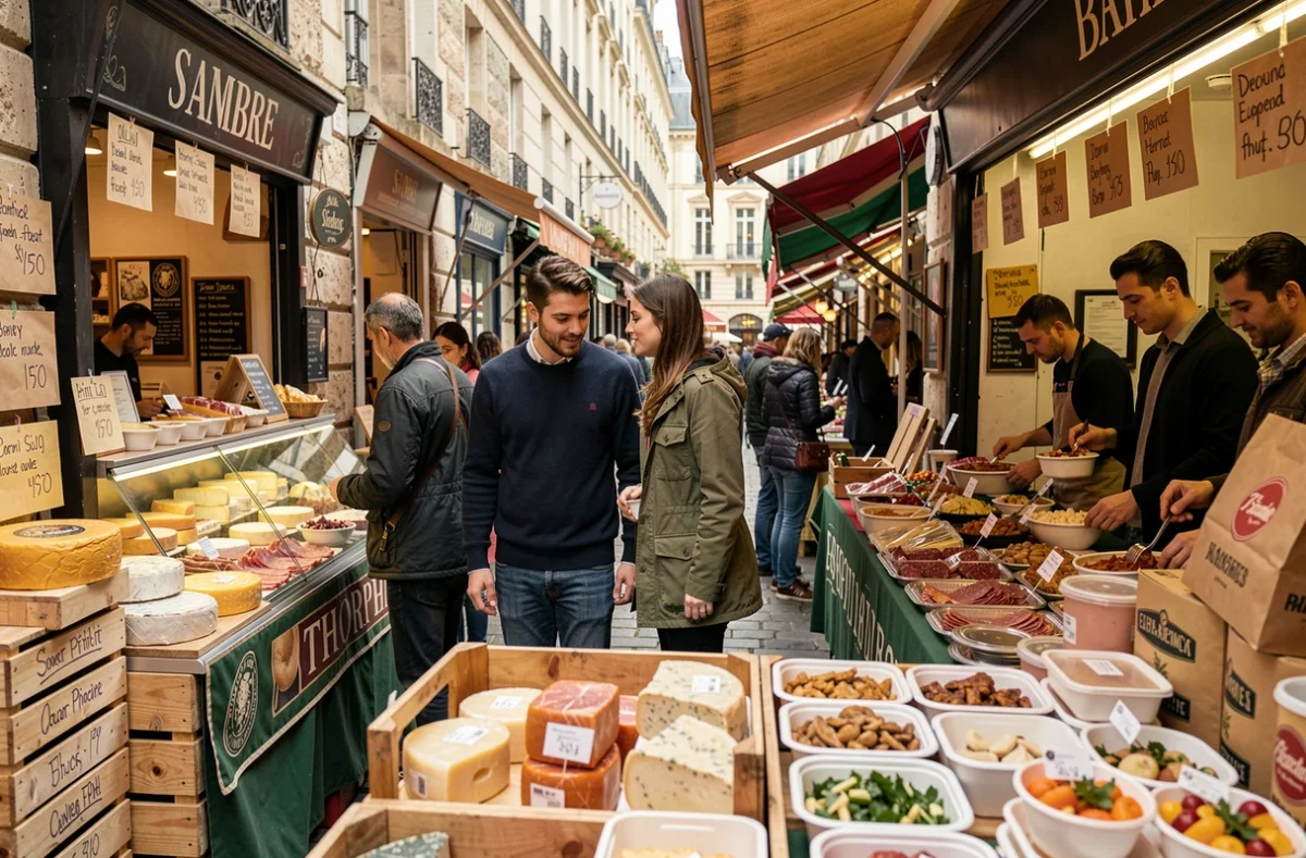 Deux amis choisissant des plats à emporter dans un marché couvert animé près de la Tour Montparnasse