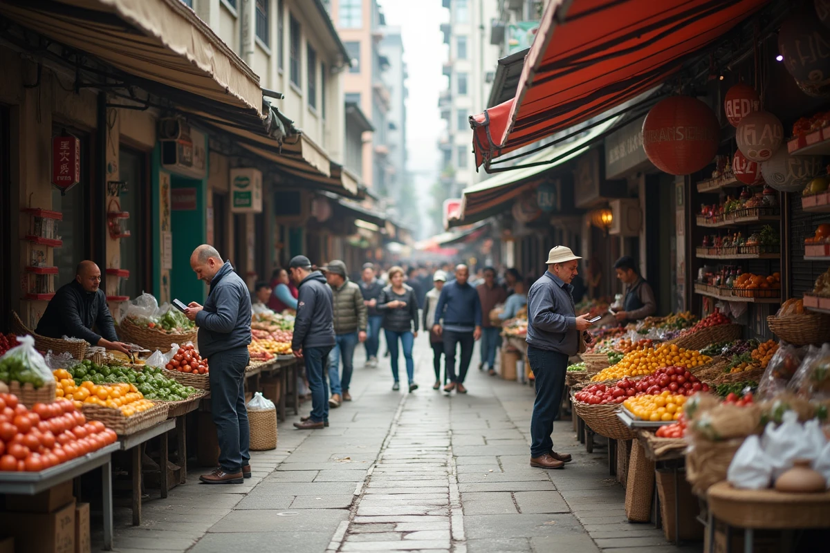 Marché urbain animé dans une ville d'un pays émergent illustrant le développement économique local et le commerce de proximité