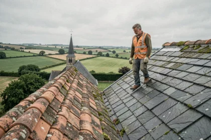 Couvreur professionnel sur un toit en ardoise normande avec vue sur le paysage du Calvados