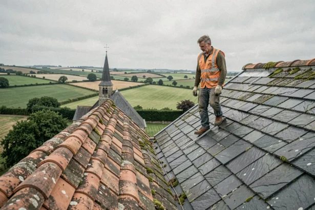 Couvreur professionnel sur un toit en ardoise normande avec vue sur le paysage du Calvados