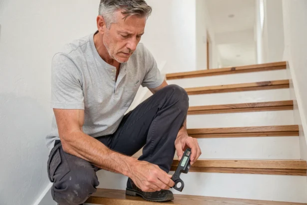 Homme mesurant l'angle de pente d'un escalier en bois avec un rapporteur numérique pour convertir en degrés et pourcentage