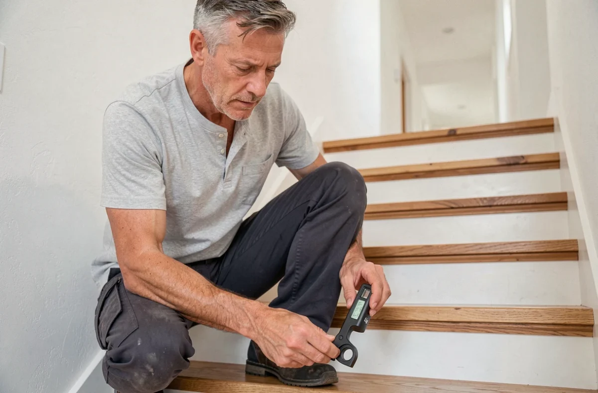 Homme mesurant l'angle de pente d'un escalier en bois avec un rapporteur numérique pour convertir en degrés et pourcentage