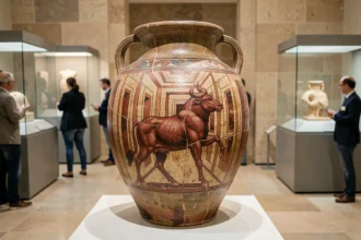 Amphore grecque ancienne représentant le Minotaure dans un labyrinthe, exposée dans un musée archéologique