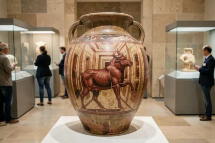 Amphore grecque ancienne représentant le Minotaure dans un labyrinthe, exposée dans un musée archéologique