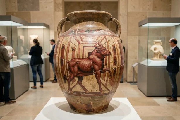 Amphore grecque ancienne représentant le Minotaure dans un labyrinthe, exposée dans un musée archéologique
