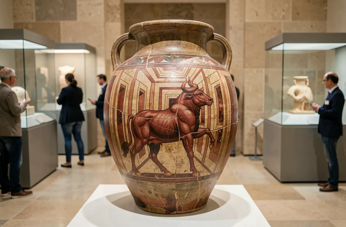 Amphore grecque ancienne représentant le Minotaure dans un labyrinthe, exposée dans un musée archéologique