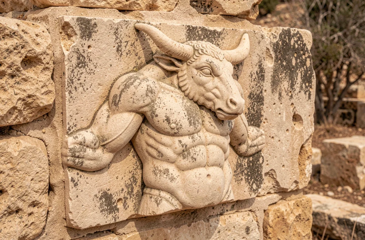 Bas-relief en pierre sculptée représentant le Minotaure de la mythologie grecque sur un site archéologique