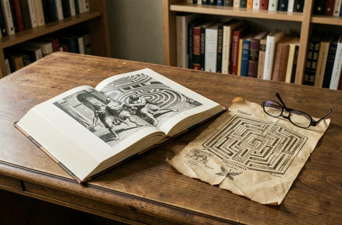Livre ouvert avec gravure du Minotaure et carte du labyrinthe de Knossos sur un bureau en bois