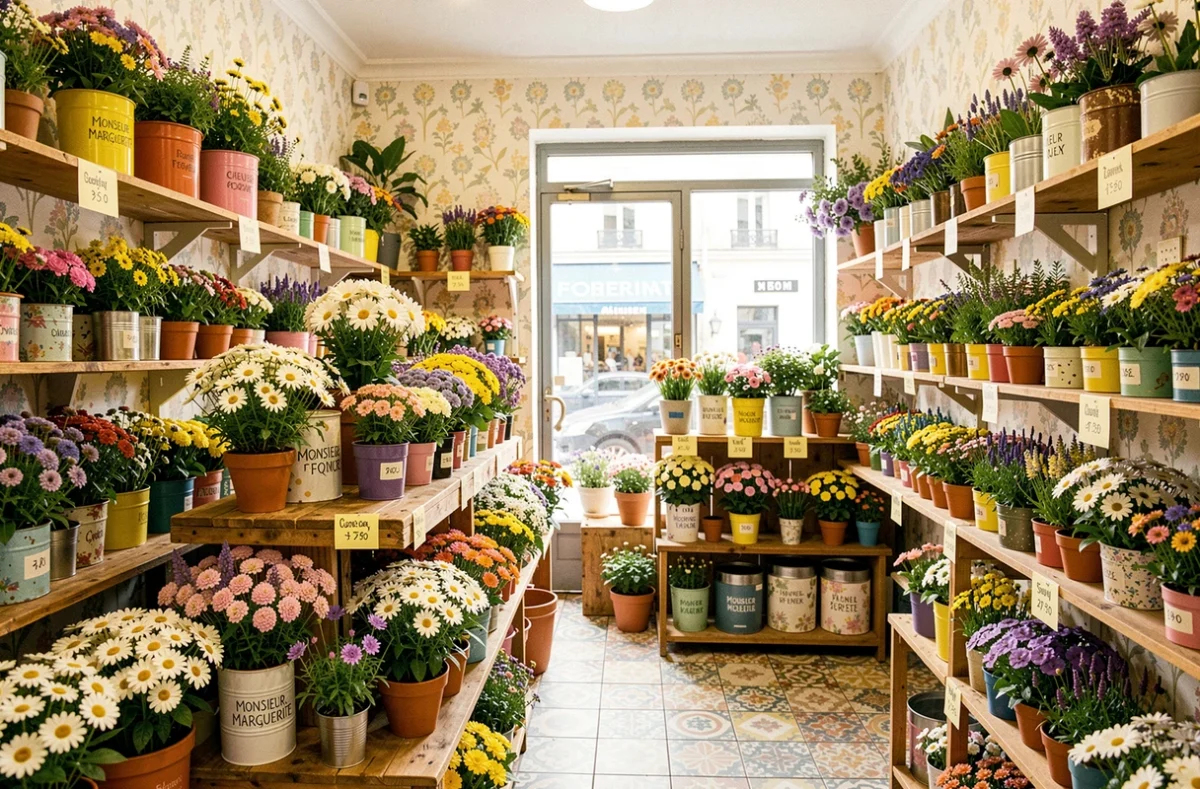 Intérieur coloré d'une boutique florale parisienne avec des marguerites et fleurs sauvages dans des pots dépareillés, style Monsieur Marguerite