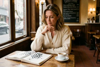 Femme résolvant une grille de mots croisés avec une ville belge en 4 lettres dans un café belge traditionnel