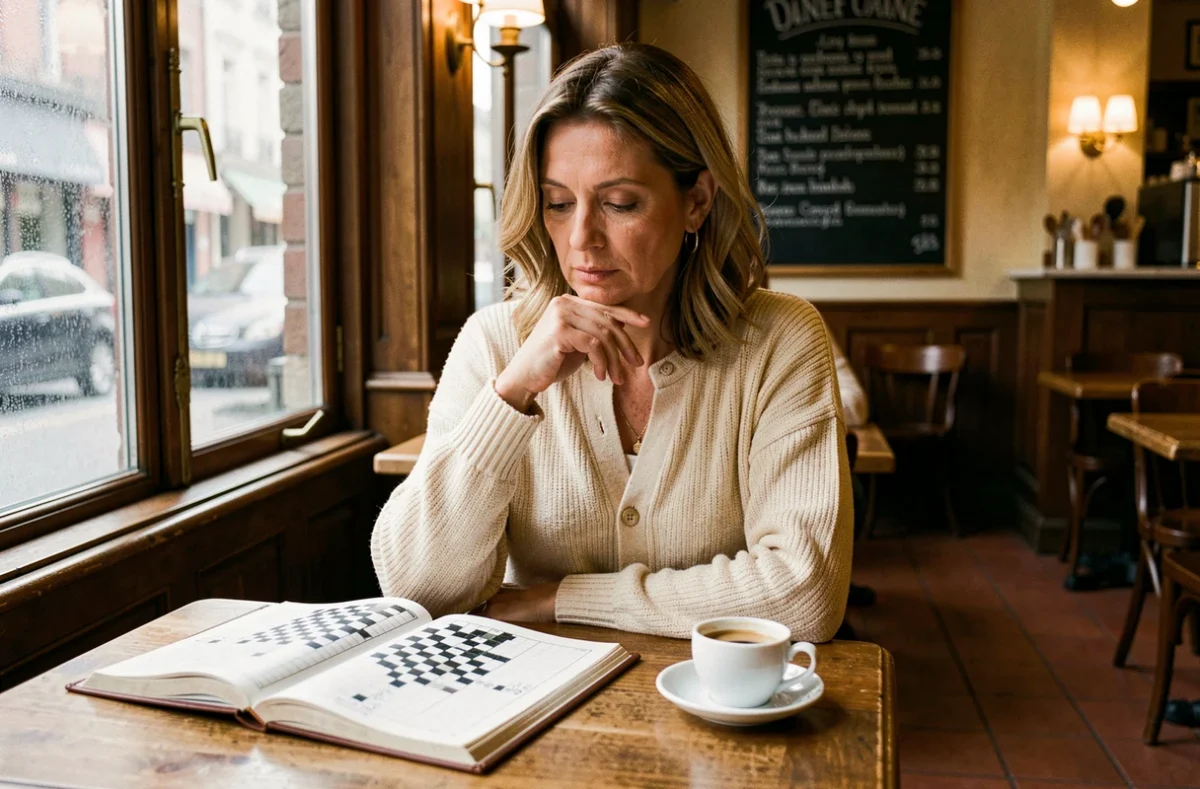 Femme résolvant une grille de mots croisés avec une ville belge en 4 lettres dans un café belge traditionnel