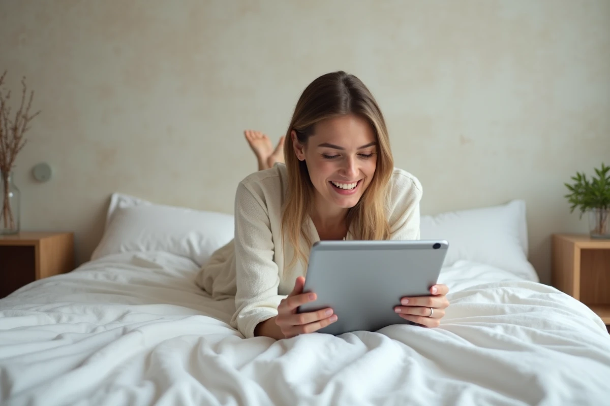 Jeune femme explorant une bibliothèque de publications téléchargées hors ligne sur une tablette dans une chambre moderne