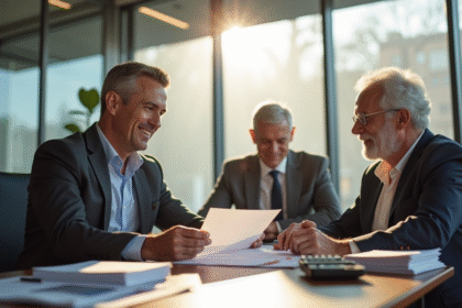 Notaire souriant dans un bureau lumineux remettant des documents à un couple âgé