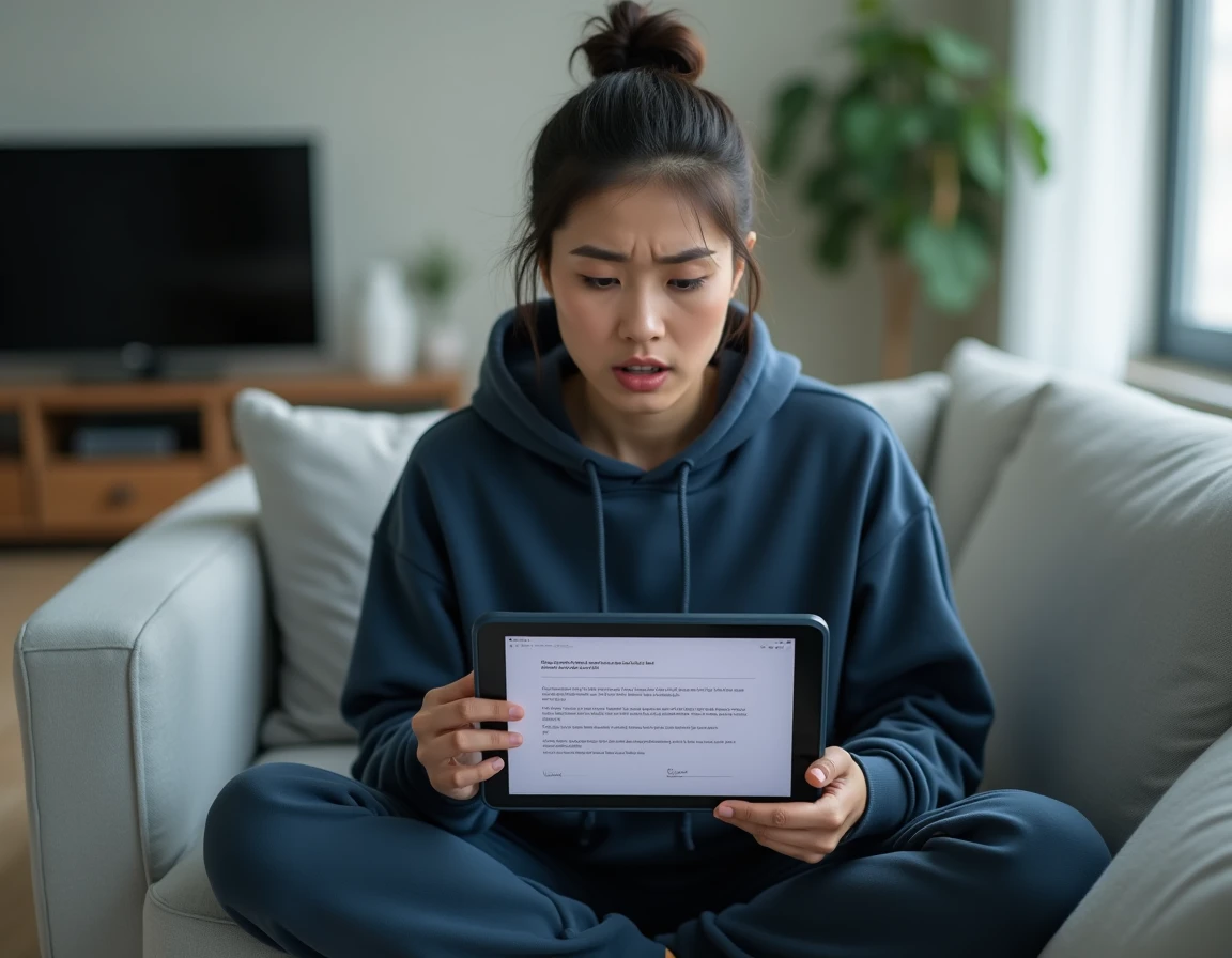 Femme recevant une notification d'avertissement légal sur sa tablette concernant le téléchargement illégal et la surveillance Hadopi