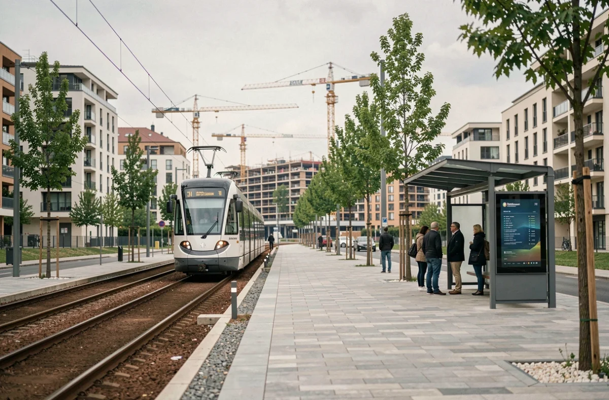 Tramway circulant sur un nouveau tracé en périphérie de Bordeaux avec aménagements urbains modernes
