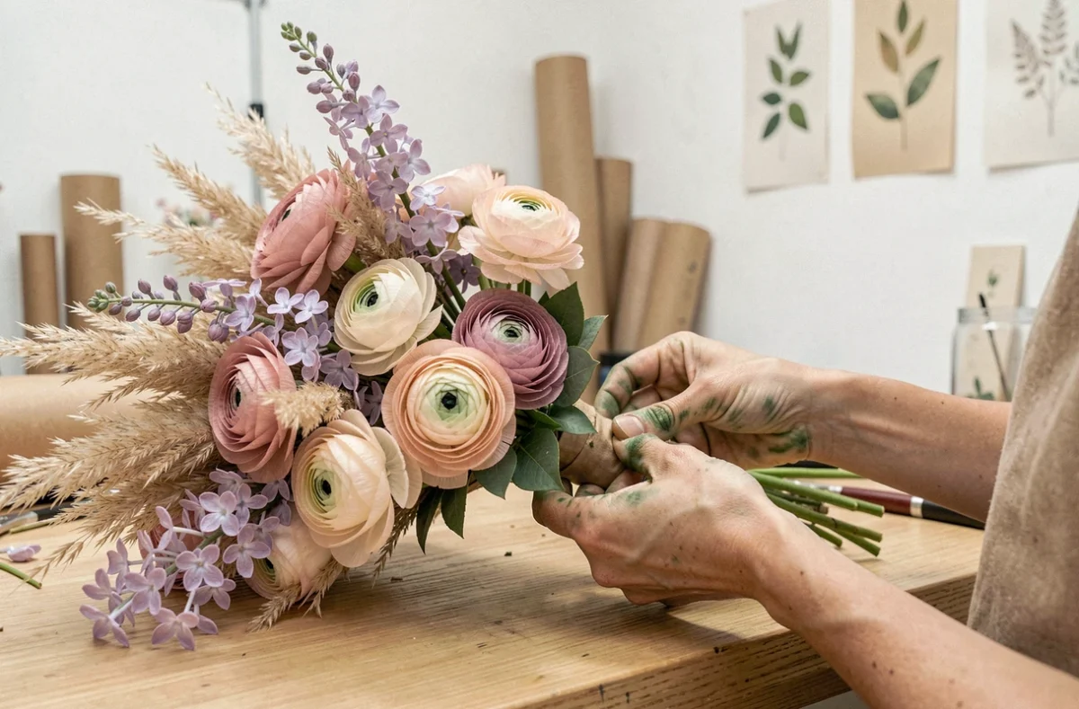 Composition florale de renoncules et de lilas dans un atelier parisien épuré, évoquant l'univers coloré de la boutique Nuances