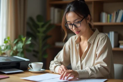 Femme collant un timbre imprimé en ligne dans le coin supérieur droit d'une enveloppe blanche à son bureau à la maison