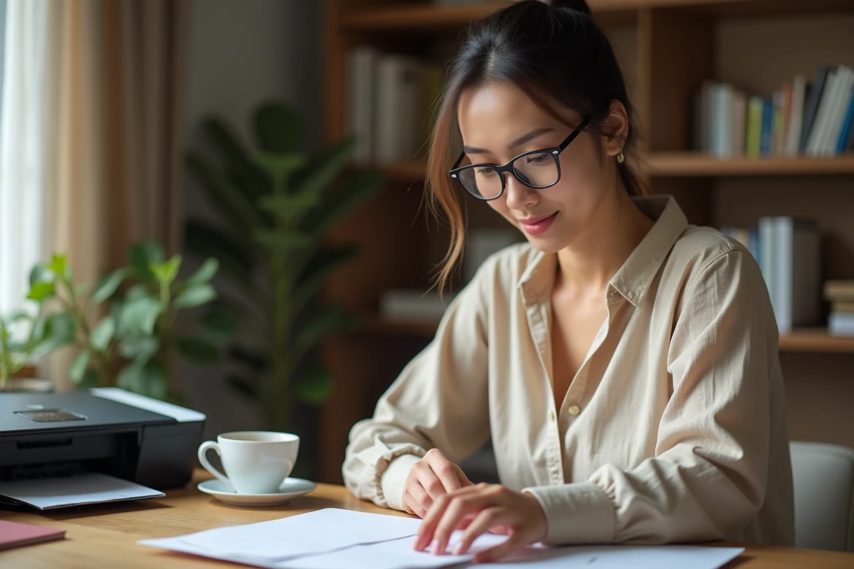 Femme collant un timbre imprimé en ligne dans le coin supérieur droit d'une enveloppe blanche à son bureau à la maison