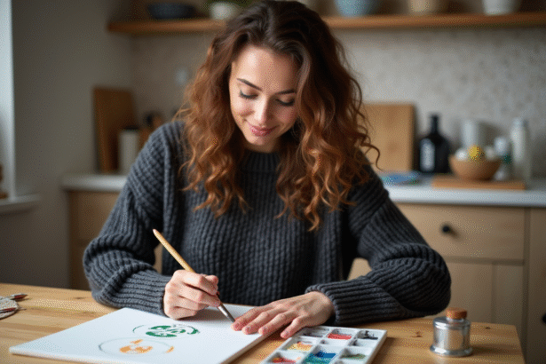 Femme concentrée peignant un tableau à la maison