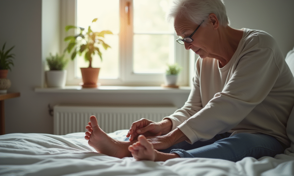 Personne agee atteinte de diabete examine ses pieds