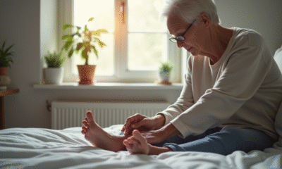 Personne agee atteinte de diabete examine ses pieds