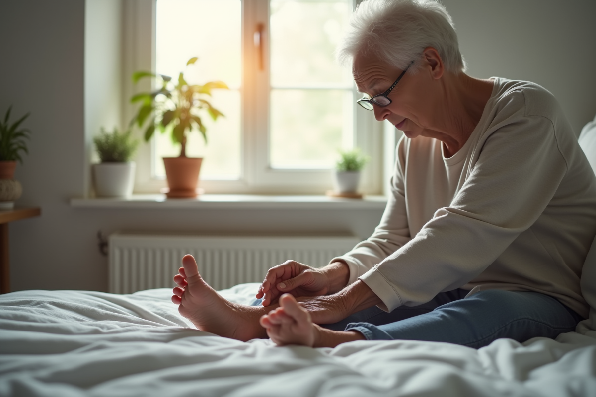 Personne agee atteinte de diabete examine ses pieds