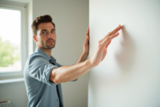 Personne appuyant la paume sur un mur blanc lumineux