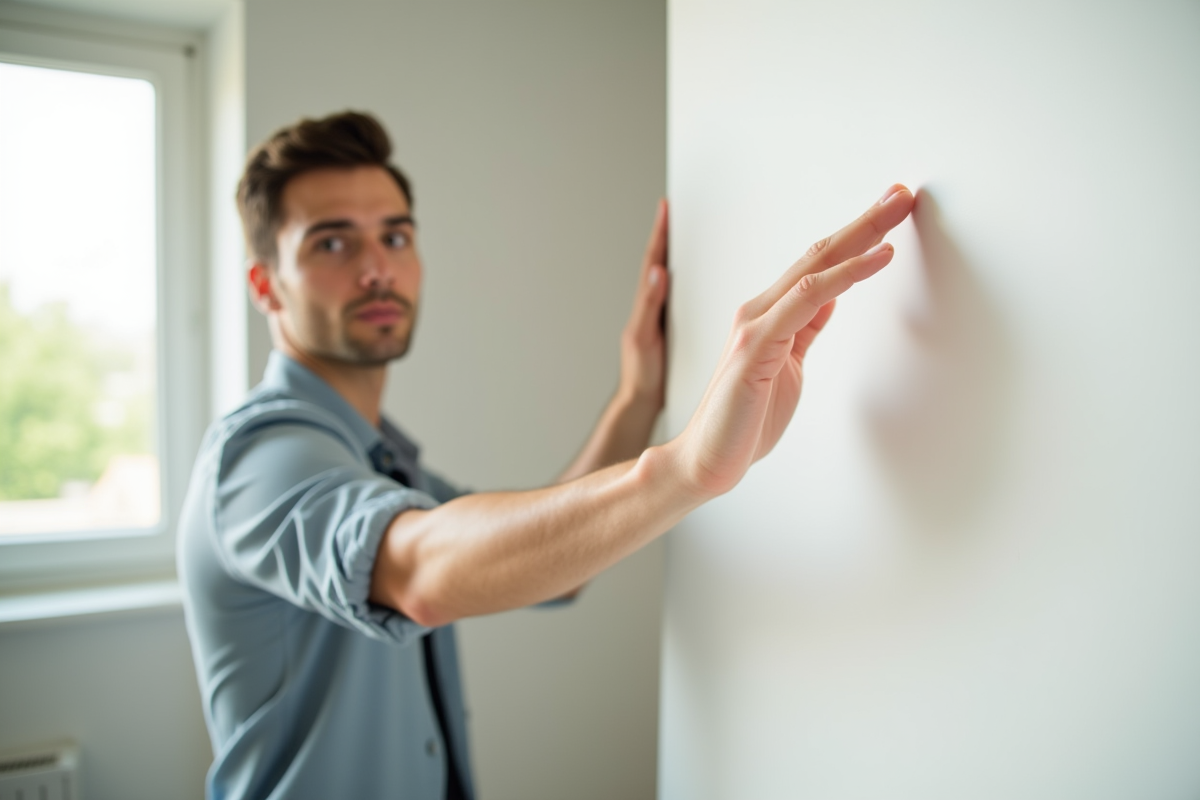Personne appuyant la paume sur un mur blanc lumineux