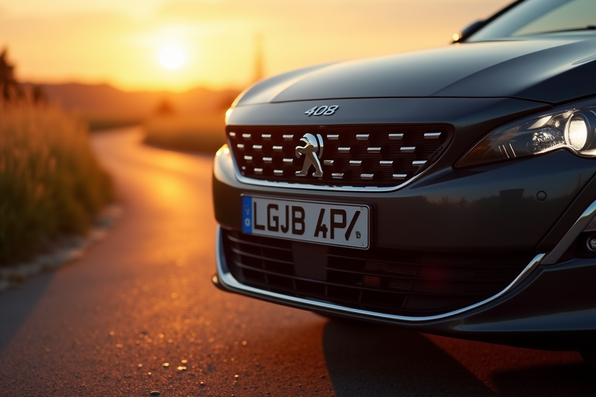 Peugeot 408 sur route de campagne au lever du soleil