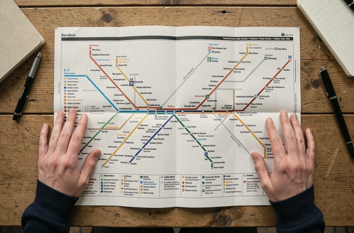 Plan détaillé des lignes de tramway E et F de Bordeaux posé sur une table en bois