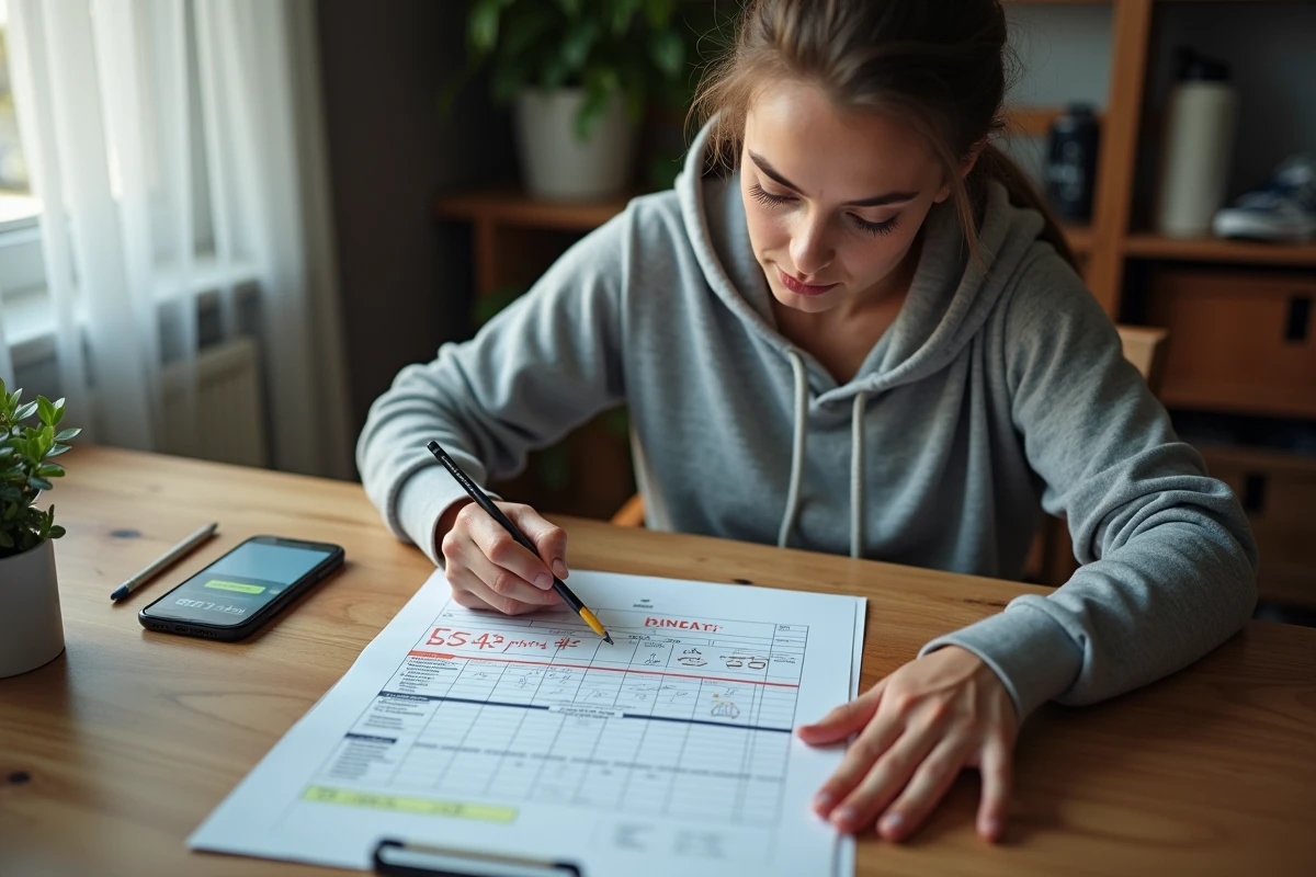 Femme planifiant son entraînement marathon avec un plan d'entraînement annoté et une application de conversion mile kilomètre