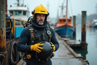 Plongeur industriel en combinaison sur le quai