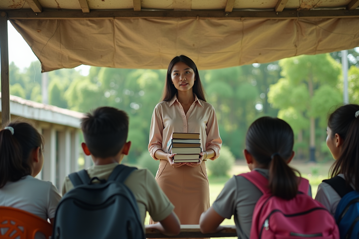 Jeune professeure philippine parlant aux lycéens en plein air